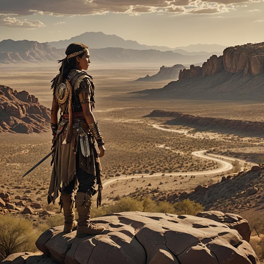 Apache Female Warrior in Desert Landscape