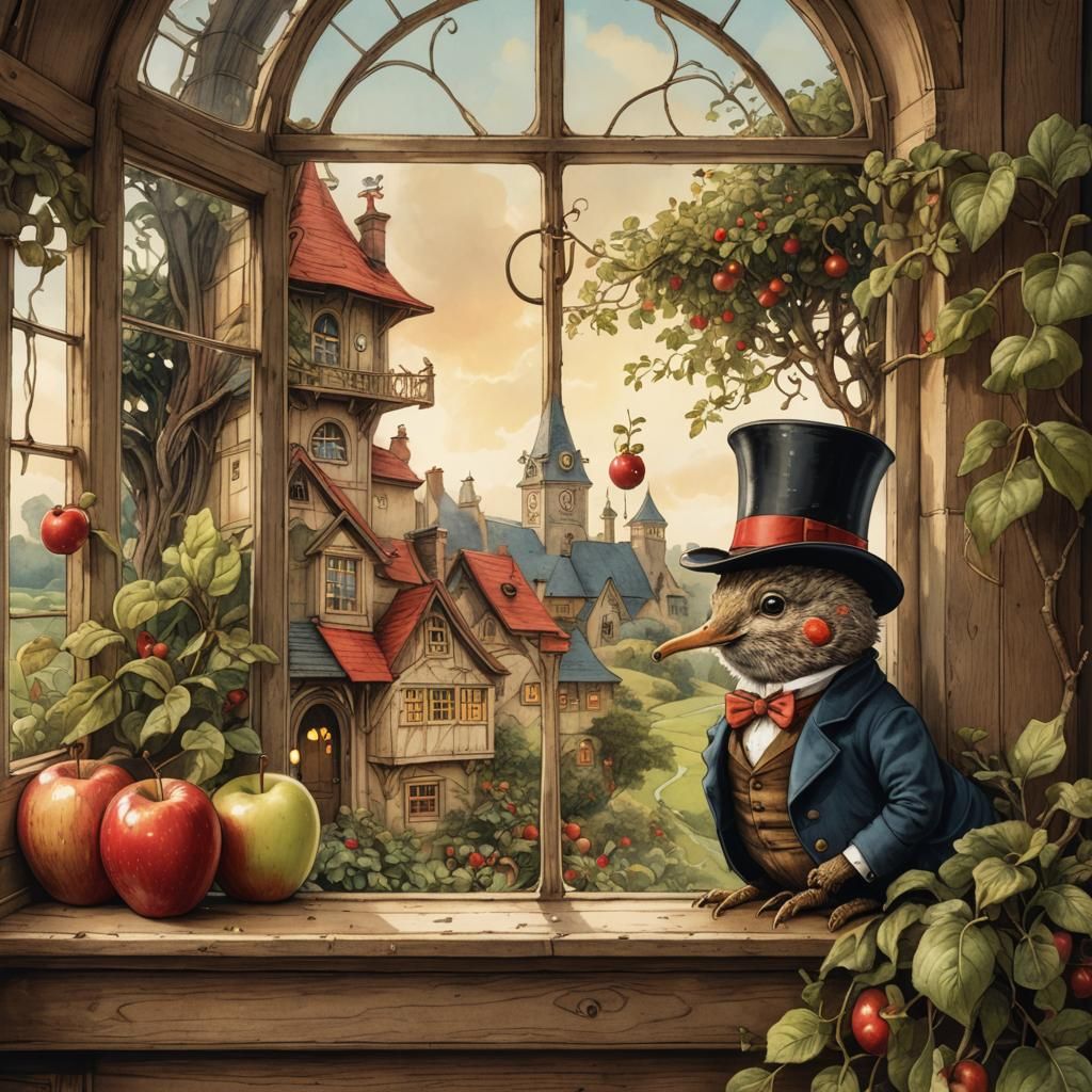 Whimsical Worm in Apple House: Beatrix Potter Style