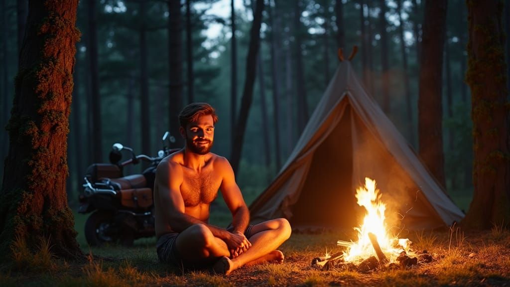 Nordic Man in Contemplative Repose by the Campfire