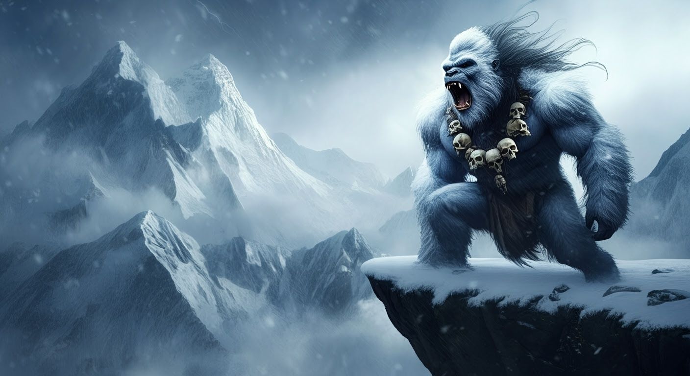 Wild Yeti Roaring on Himalayan Precipice in Fierce Snowstorm