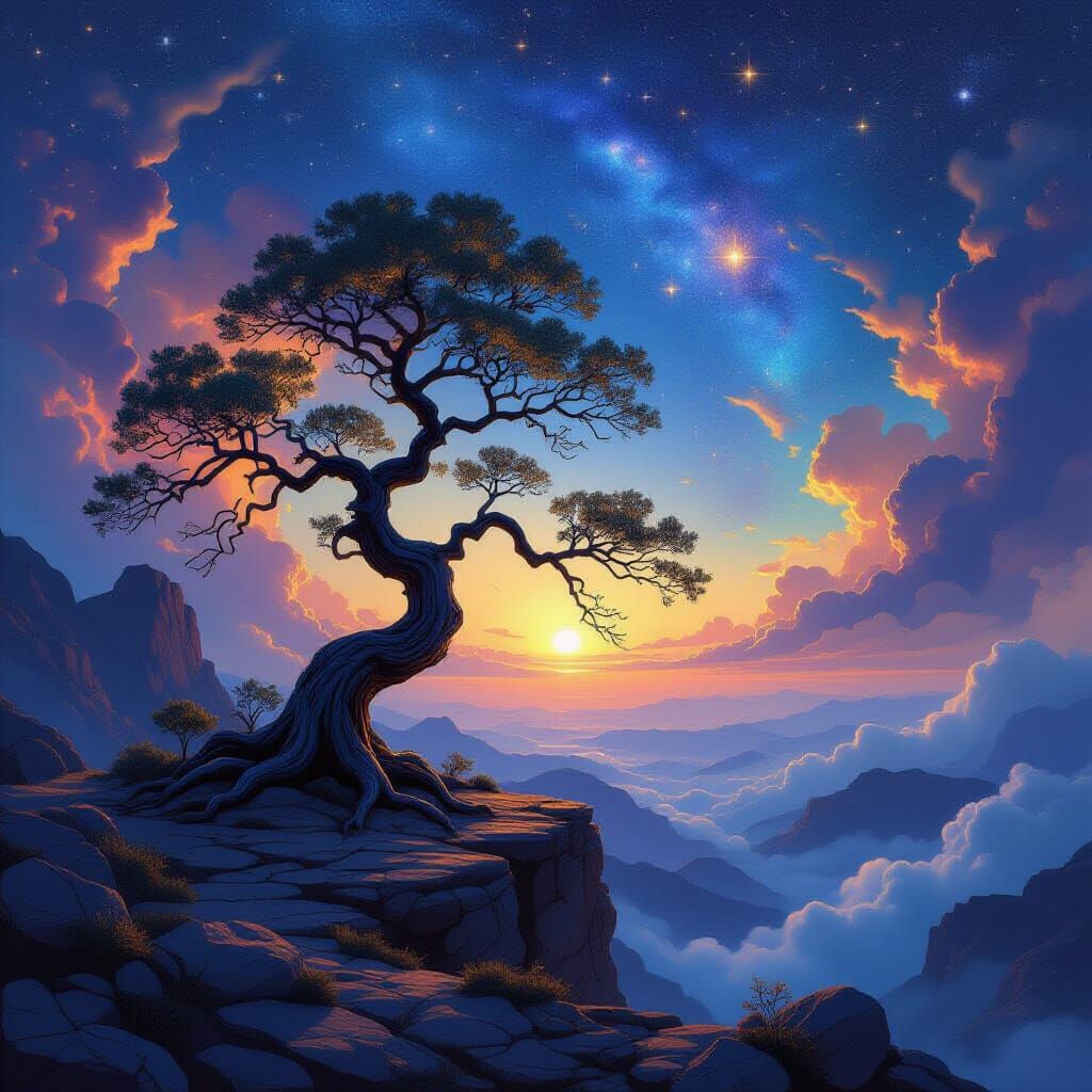 Ancient Tree Overlooking Cosmic Nebula in Art Nouveau Style