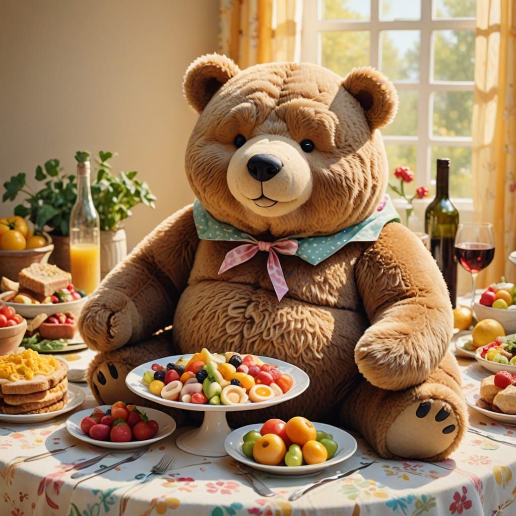 Whimsical Teddy Bear Enjoying a Feast in a Cozy Setting