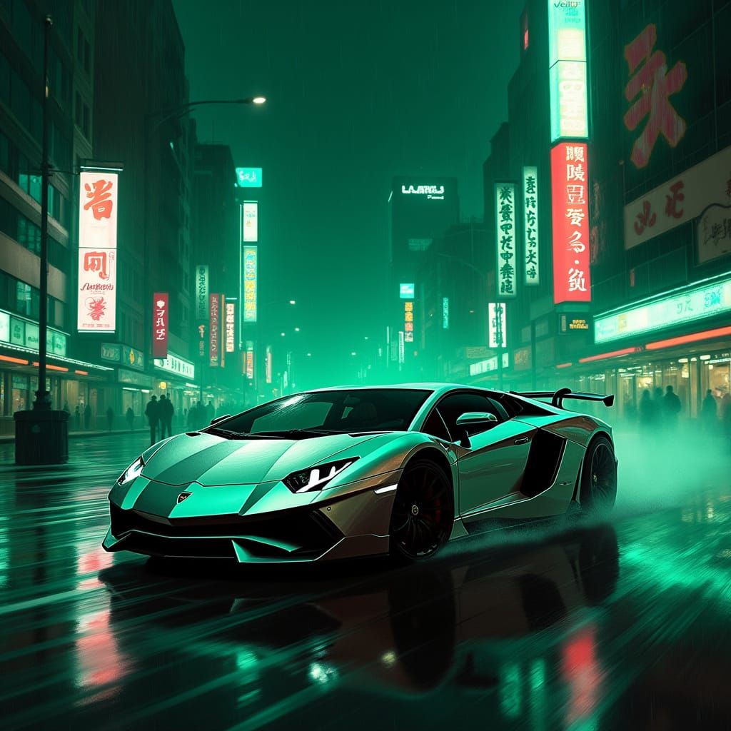 Sleek Metallic Silver Lamborghini Speeds Down Futuristic Cit...
