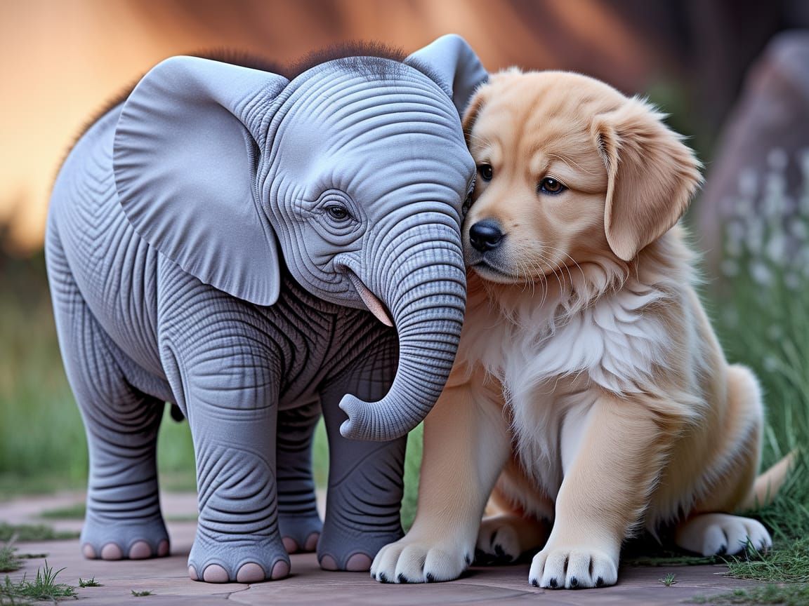 Tender Moment of Baby Elephant and Puppy Hugging
