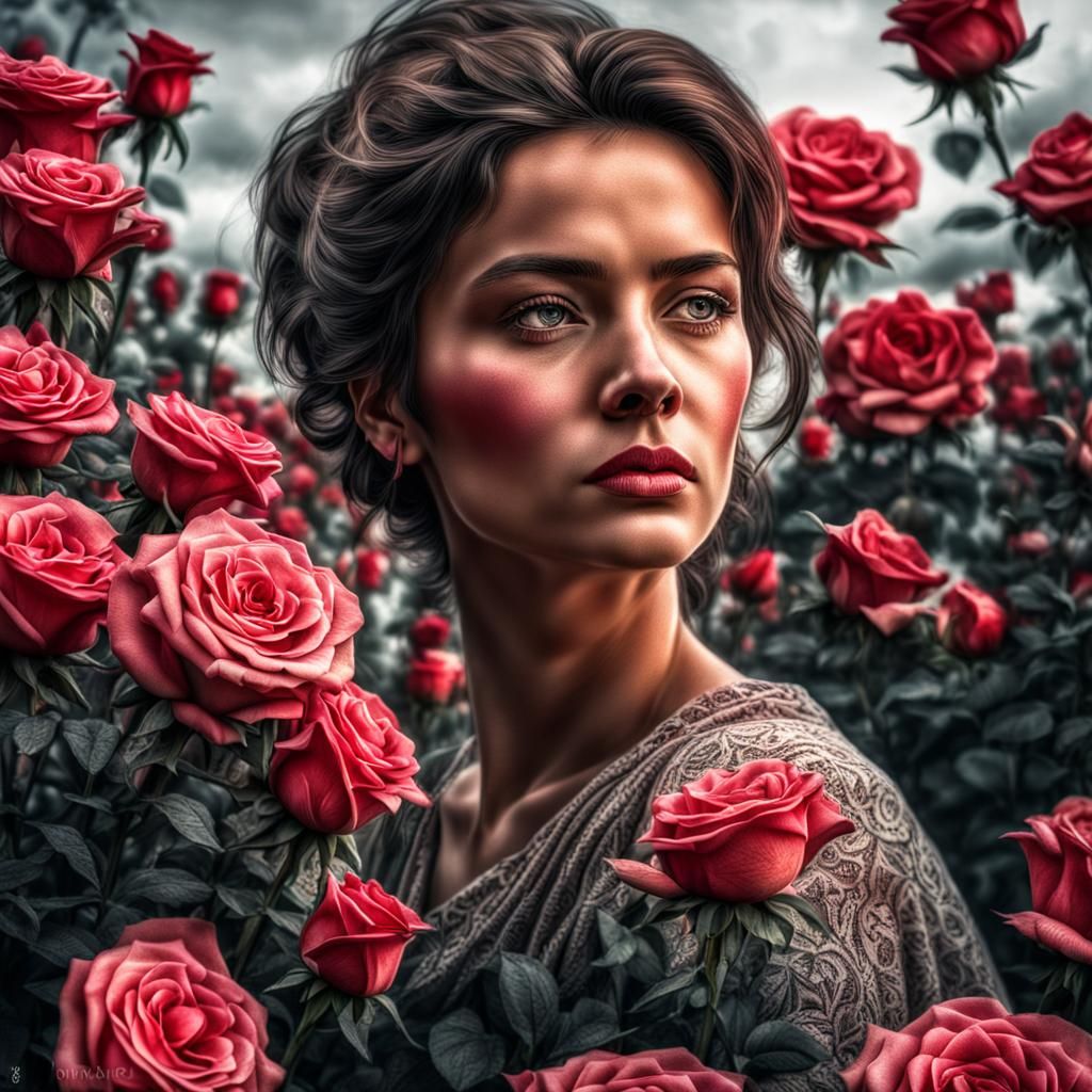 Beautiful Woman with Roses: Hyperrealistic Cinematic Portrai...