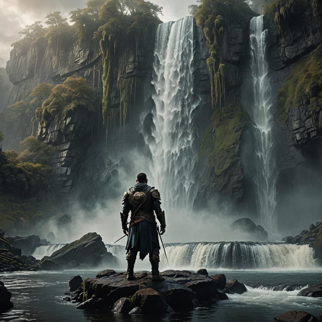 Drake at Mystical Waterfall in Dark Fantasy Style