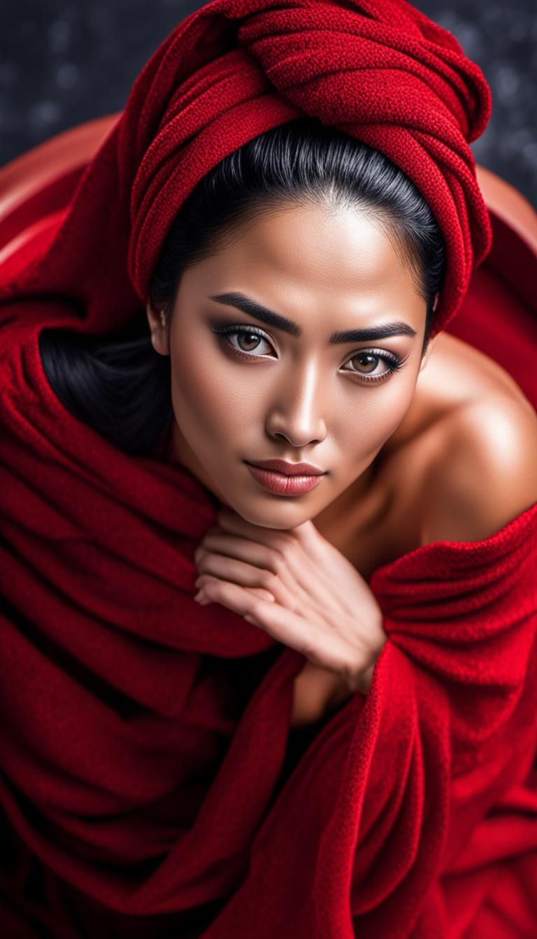 Stunning Indonesian Woman in Red Towel: Raw Photo