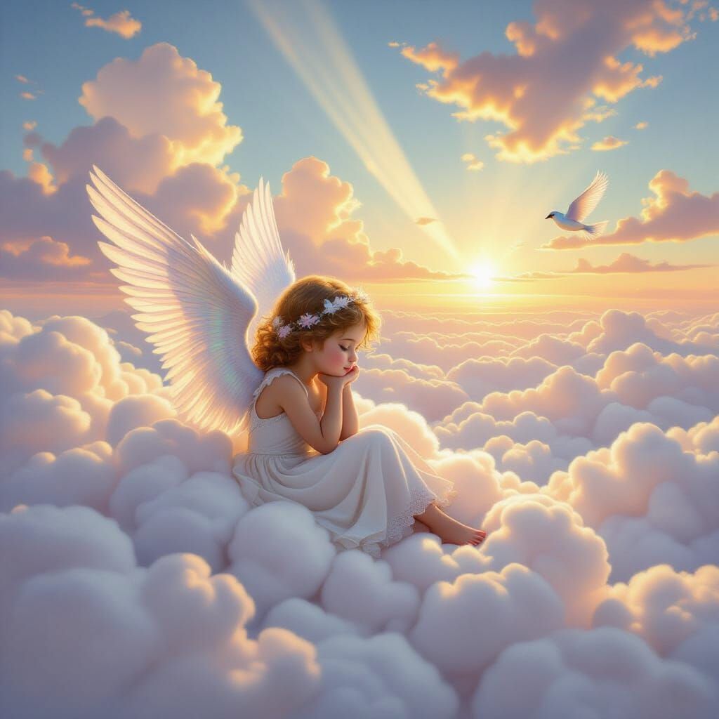 Angel Resting on Cotton Candy Clouds in Golden Light