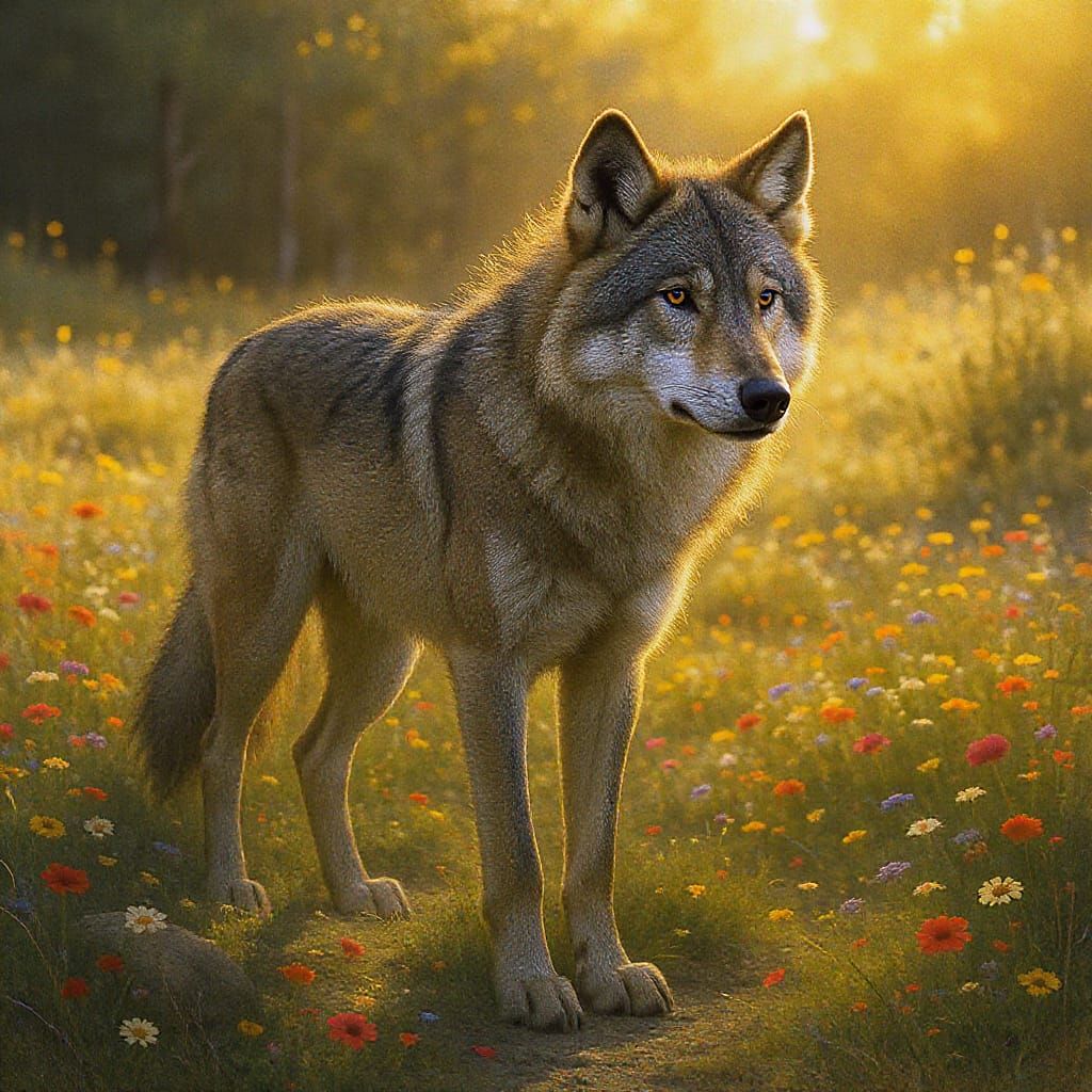 Hyperrealistic Lone Wolf in Sunlit Clearing
