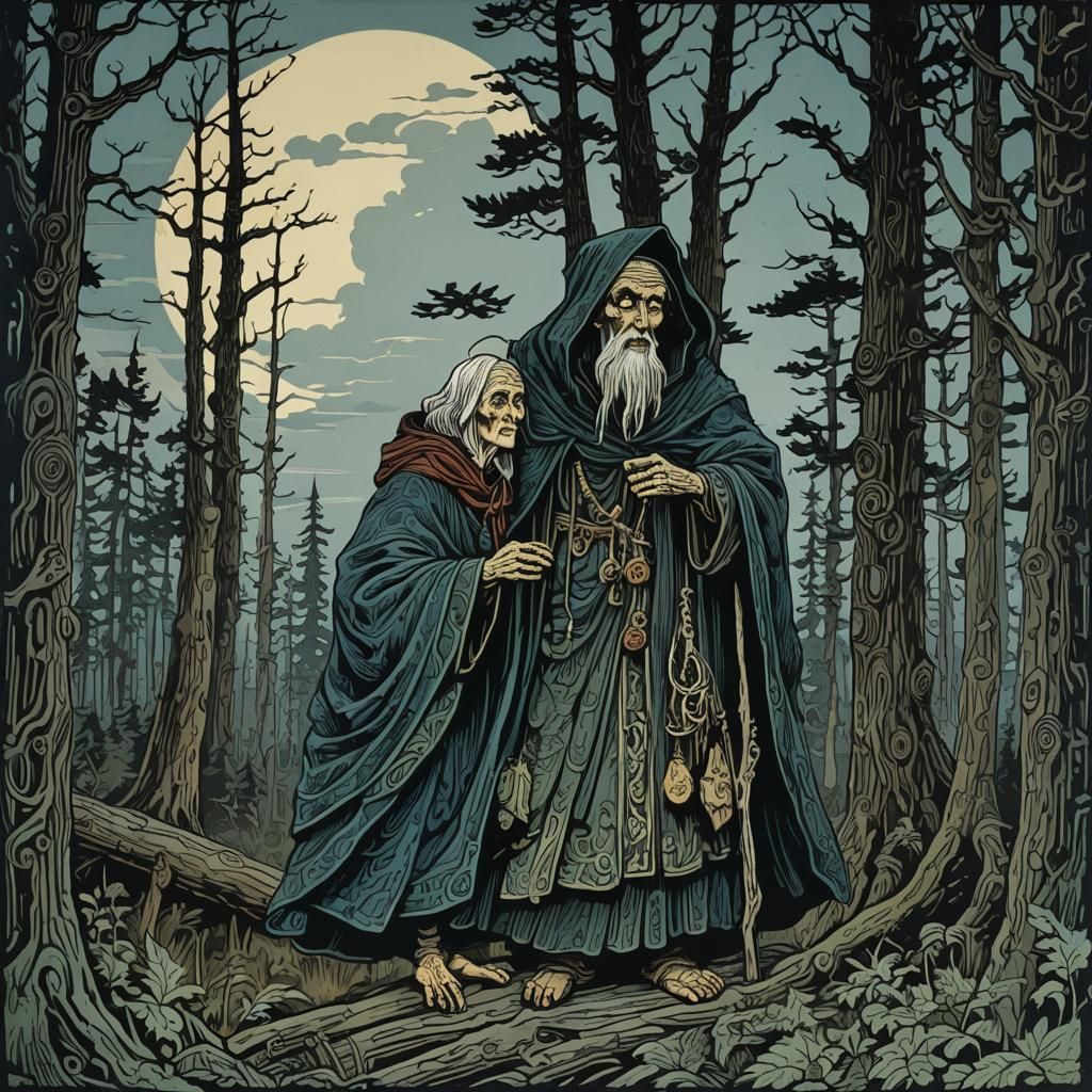 Baba Yaga in Forest, Linocut Style