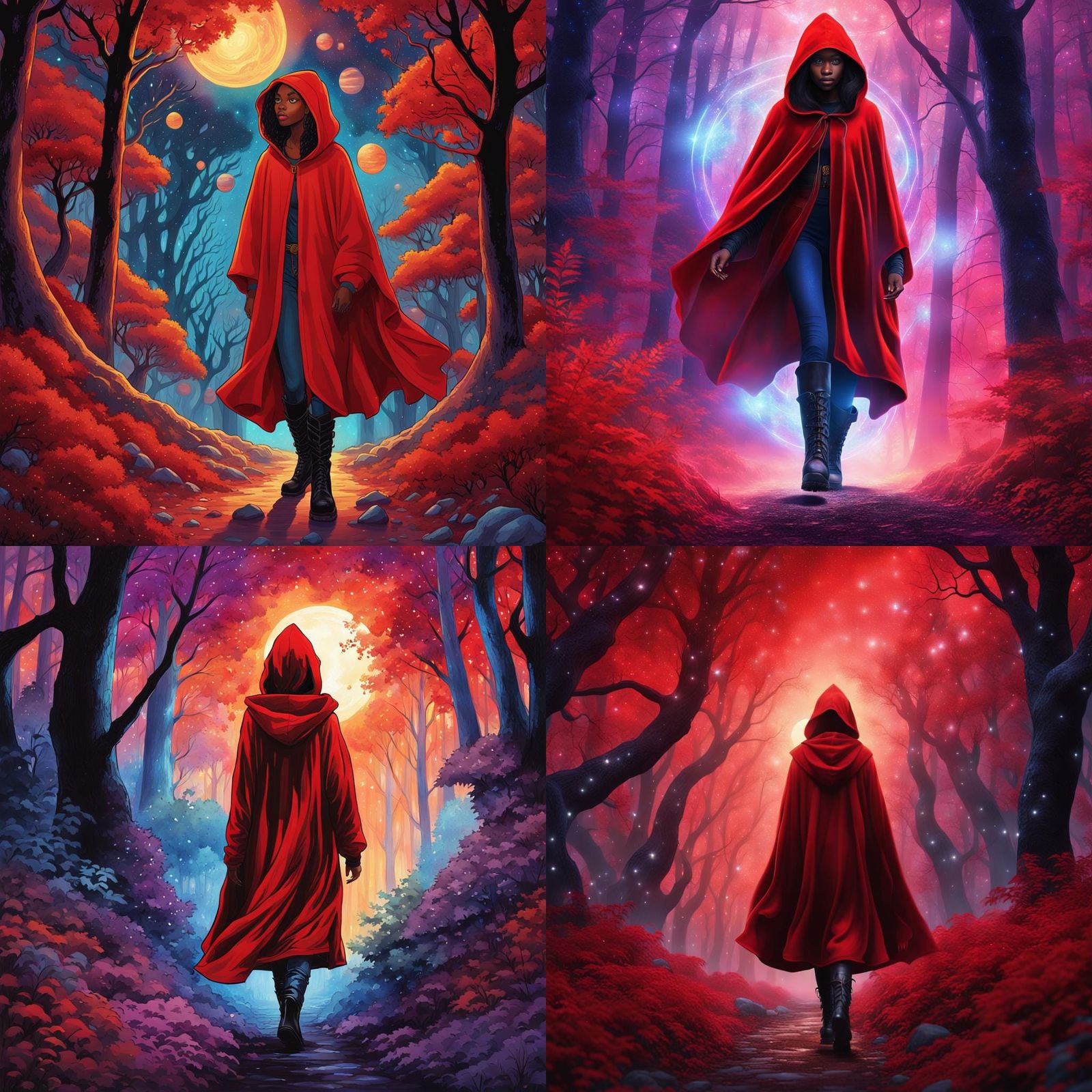 Red Hooded Girl in Astral Forest Illustration