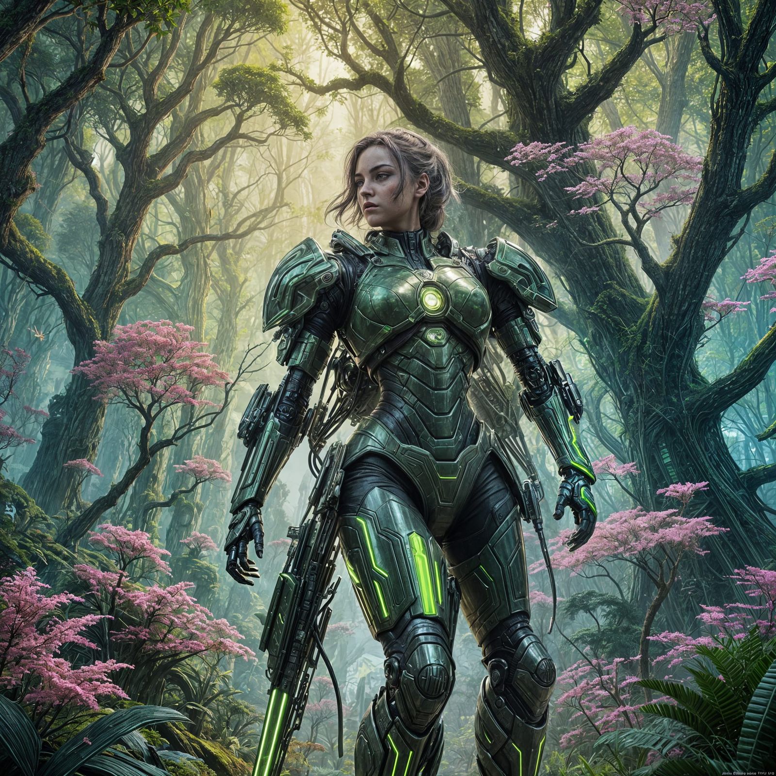 Cybernetic Girl in Green Alien World: Digital Art