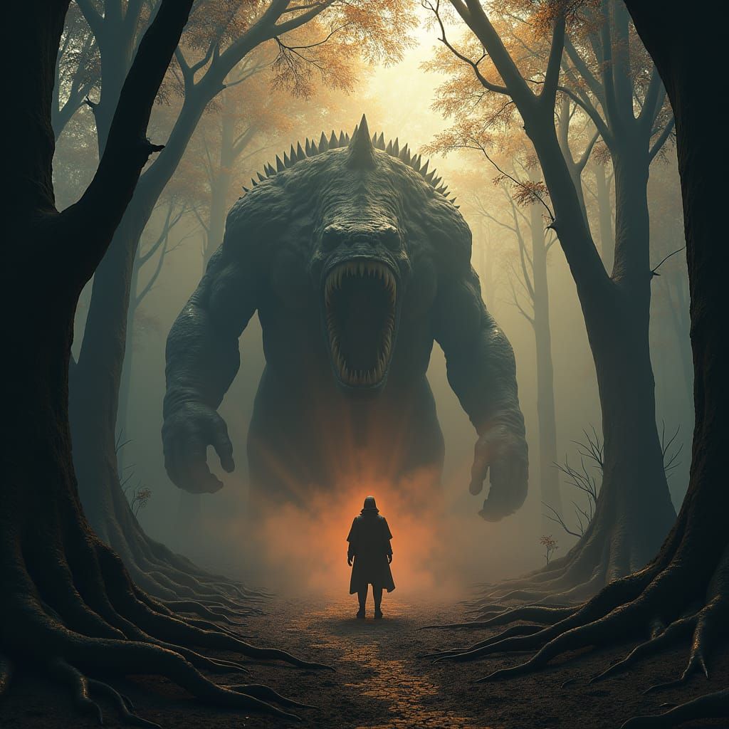 Grotesque Monster Lurking Under Tree Roots in Mist