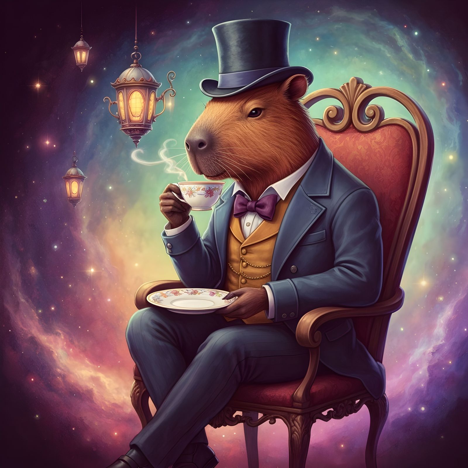 Victorian Capybara Enjoys Tea in Nebula Teahouse