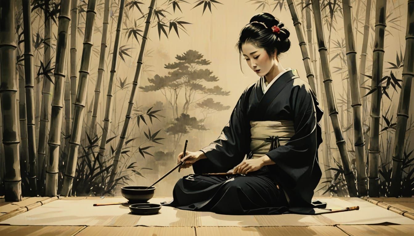 Geisha Practicing Calligraphy in Sumi-e Style