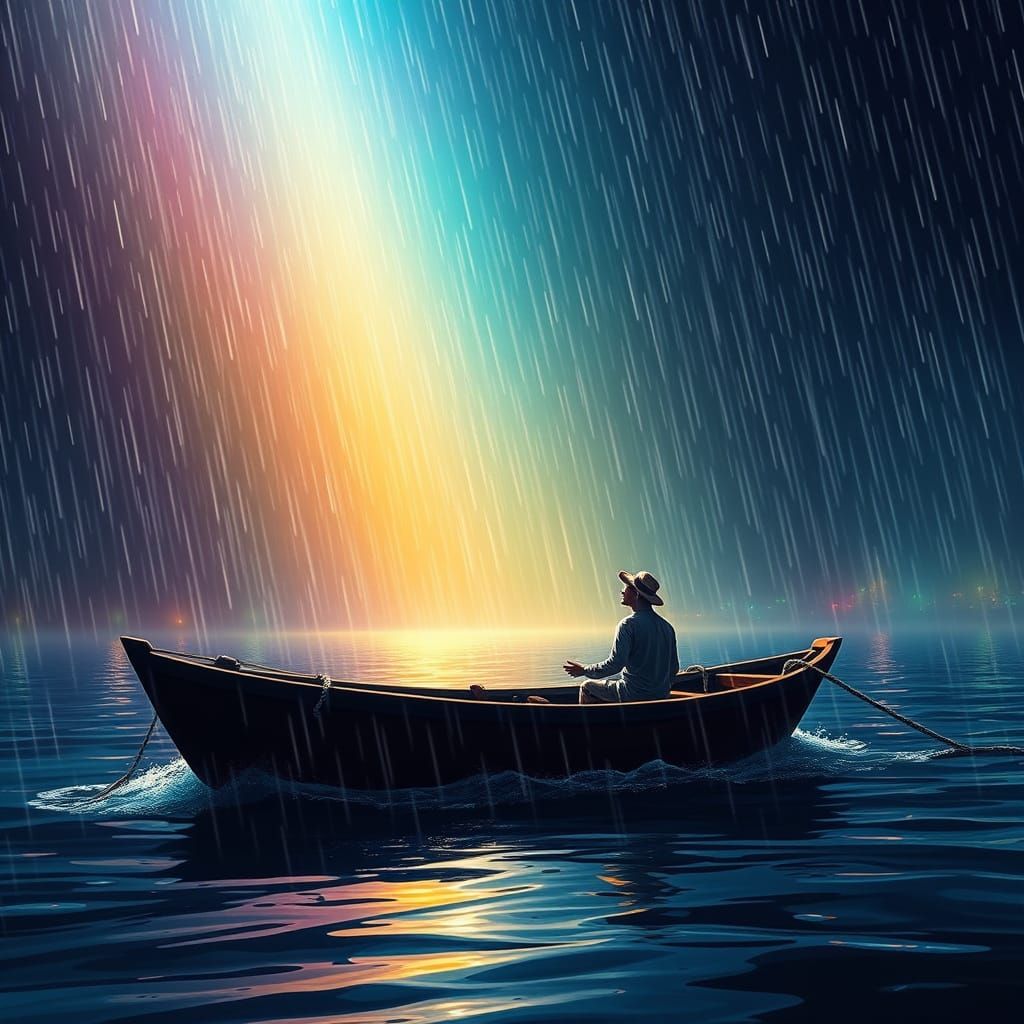 Hopeful Voyage: Man in Boat Under Colored Lights