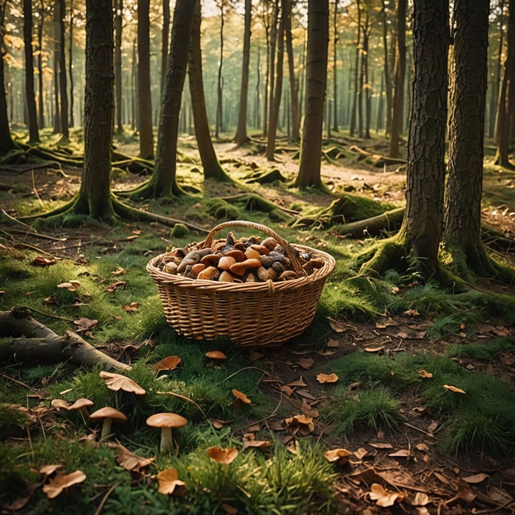 Overturned Mushroom Basket in Misty Forest