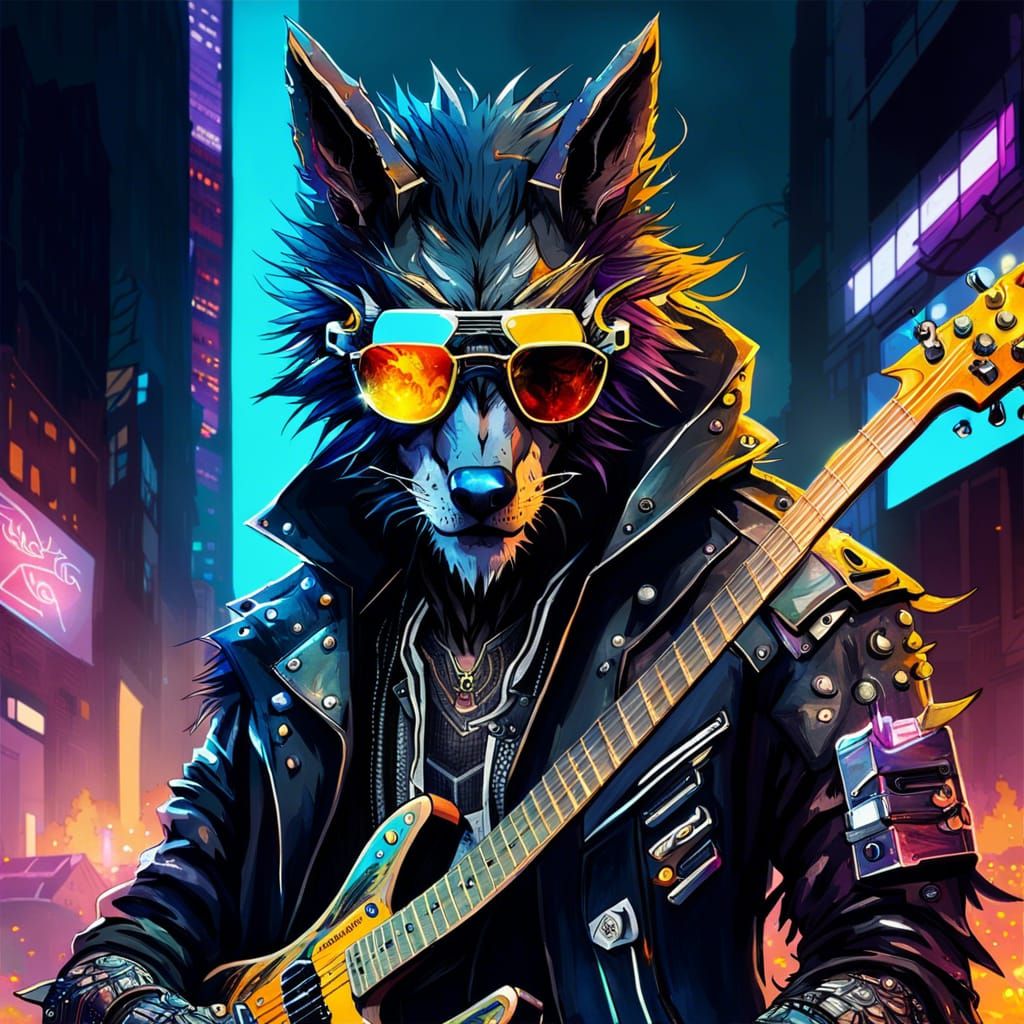 Biopunk Lycan Guitarist in Cyberpunk Cityscape