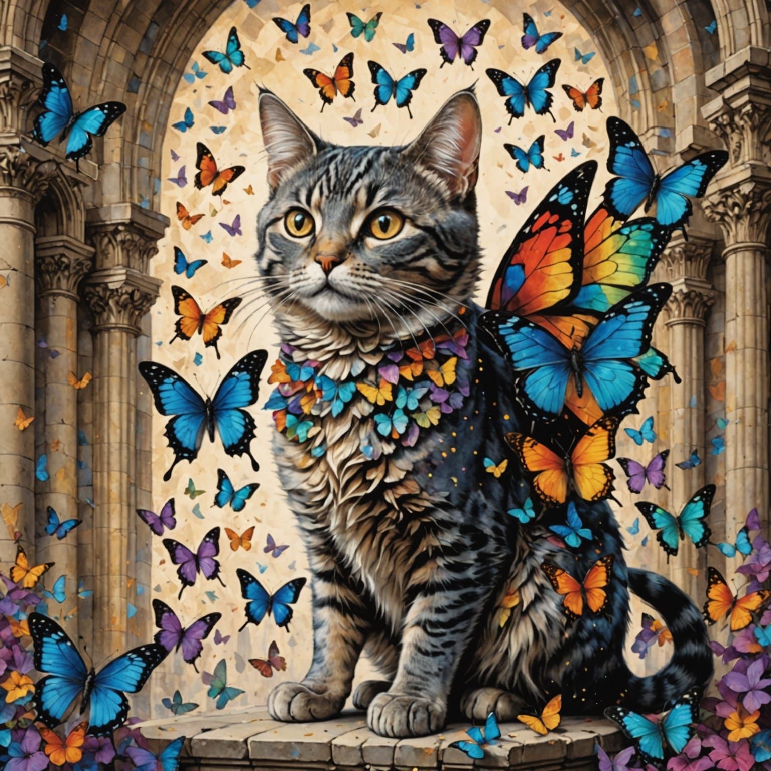 Tabby Cat with Butterfly Wings on Gothic Cathedral