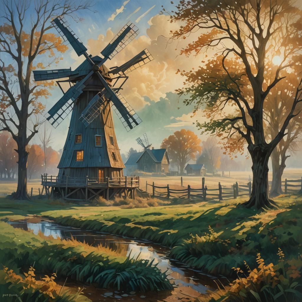 Windmill in Autumn Landscape: Magical Realism Art