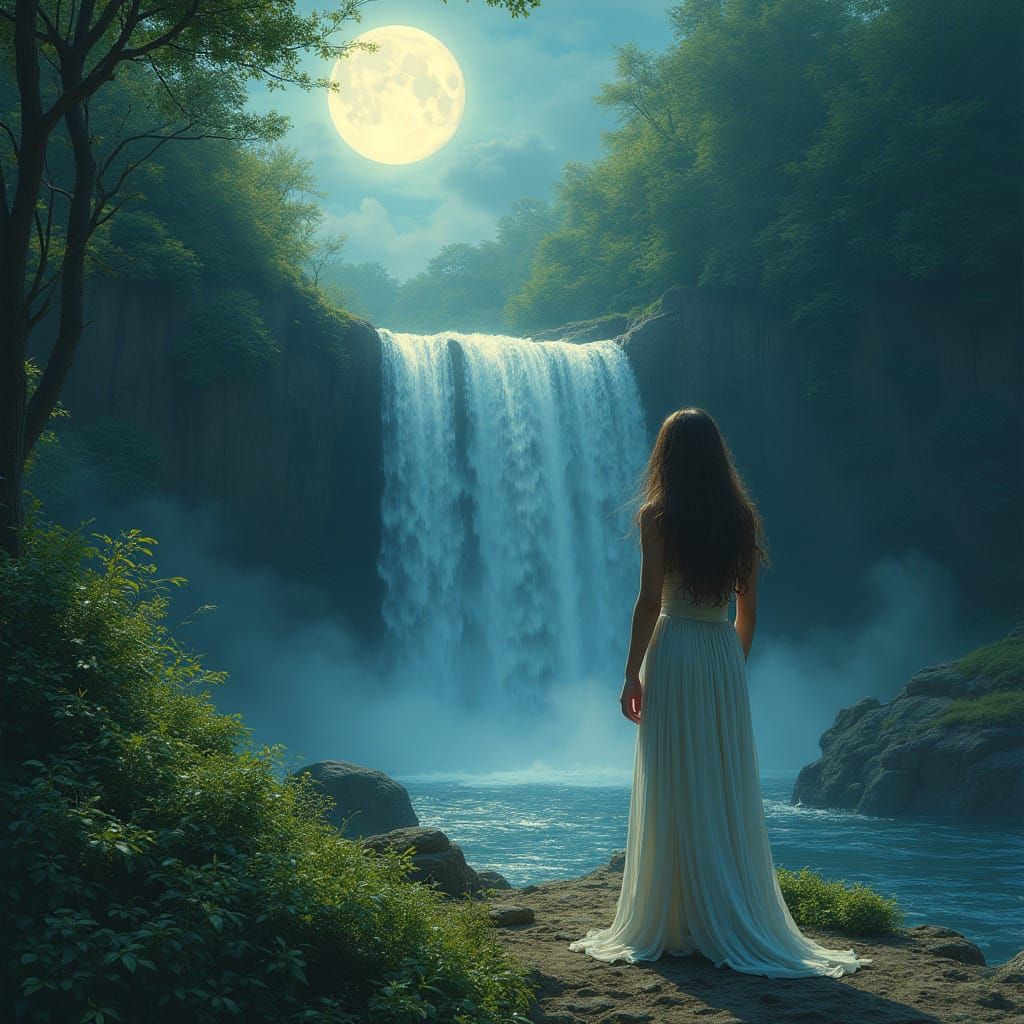 Ethereal Waterfall Scene with Woman and Moon