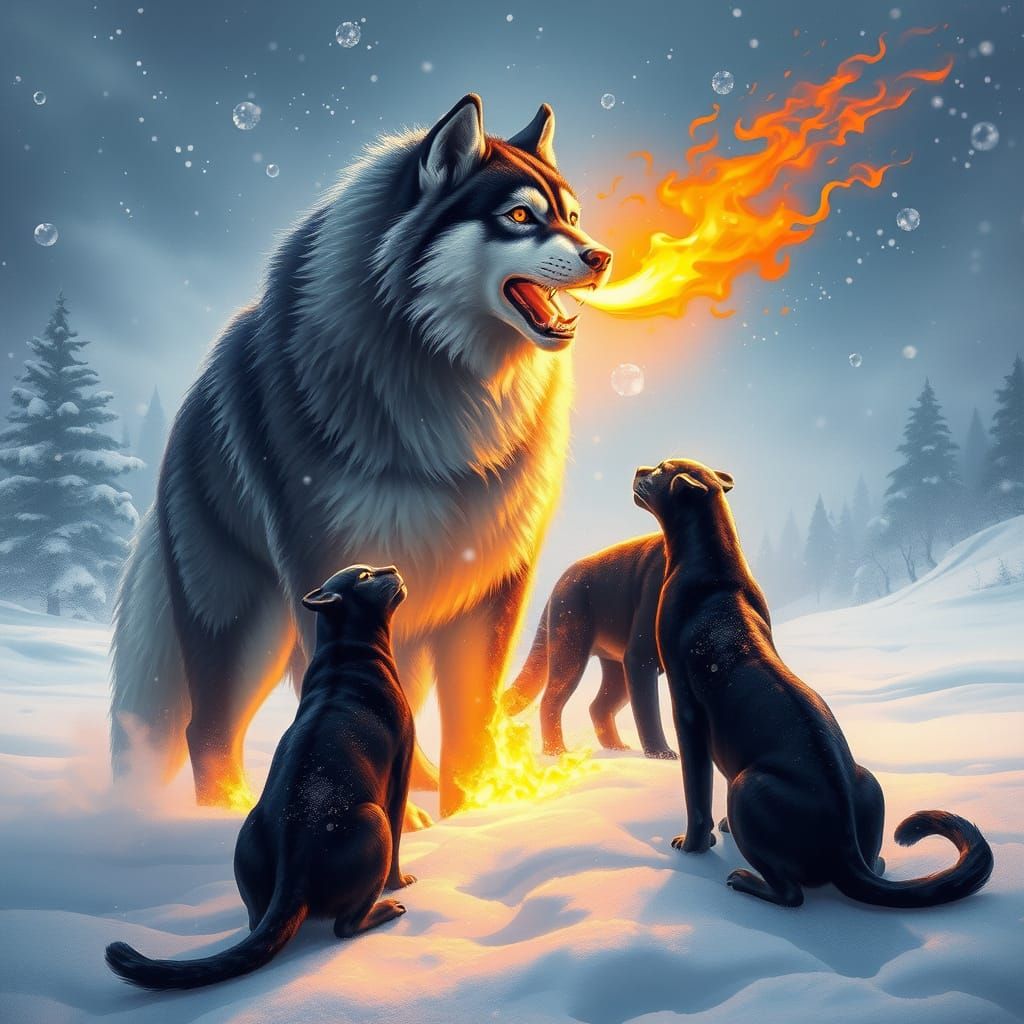 Majestic Husky Expels Fire in Snowy Clearing Amidst Black Pa...