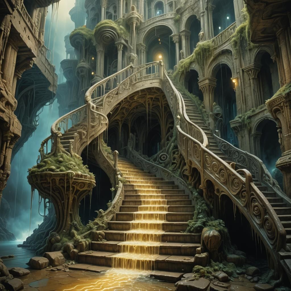 Mystical Cheese Cascade Inspired by Beksiński and Giger