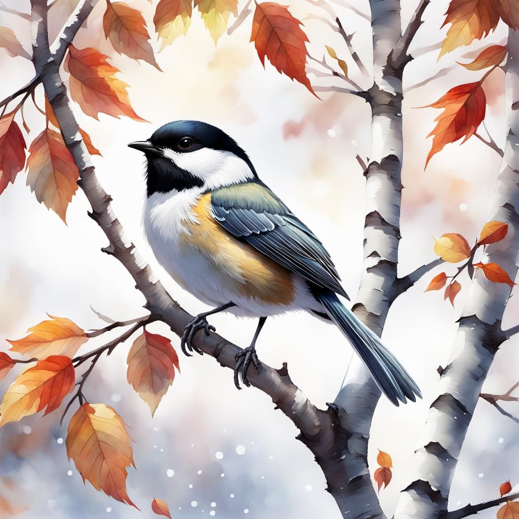 Chickadee in Birch Tree: Anime Watercolor Art
