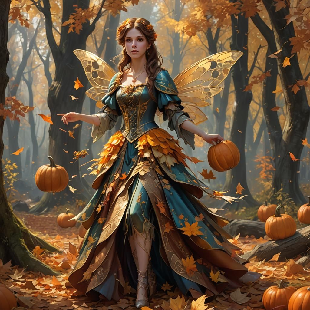 Autumn Fairy in Misty Woods: Hyperdetailed Concept Art