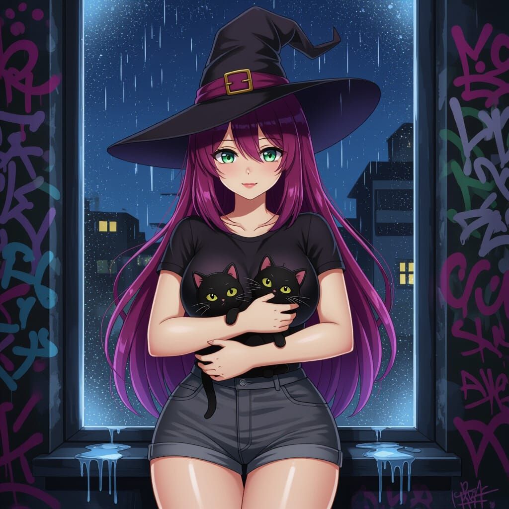 Anime Witch with Kitten on Rainy Night