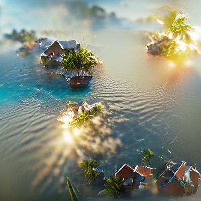 Tropical Village Floating on Clear Waters
