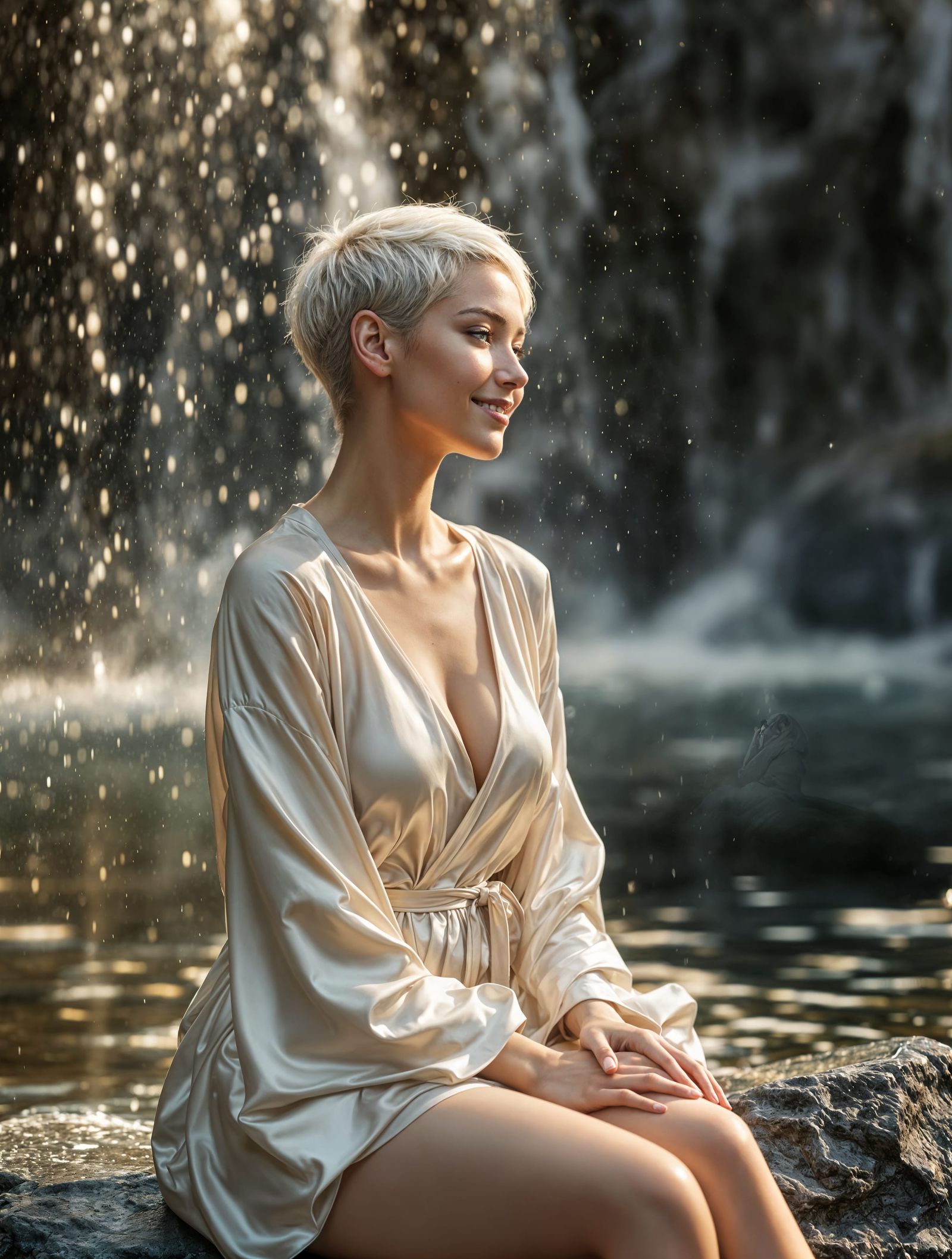 Woman in Contouring Robe Amidst Waterfall Mist