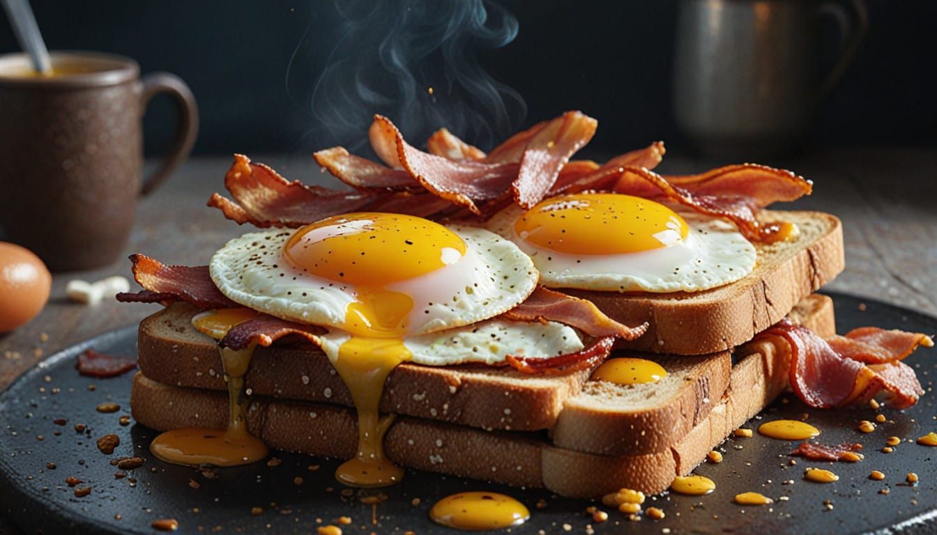 Bacon and Eggs on Toast Matte Painting with Deep Colors