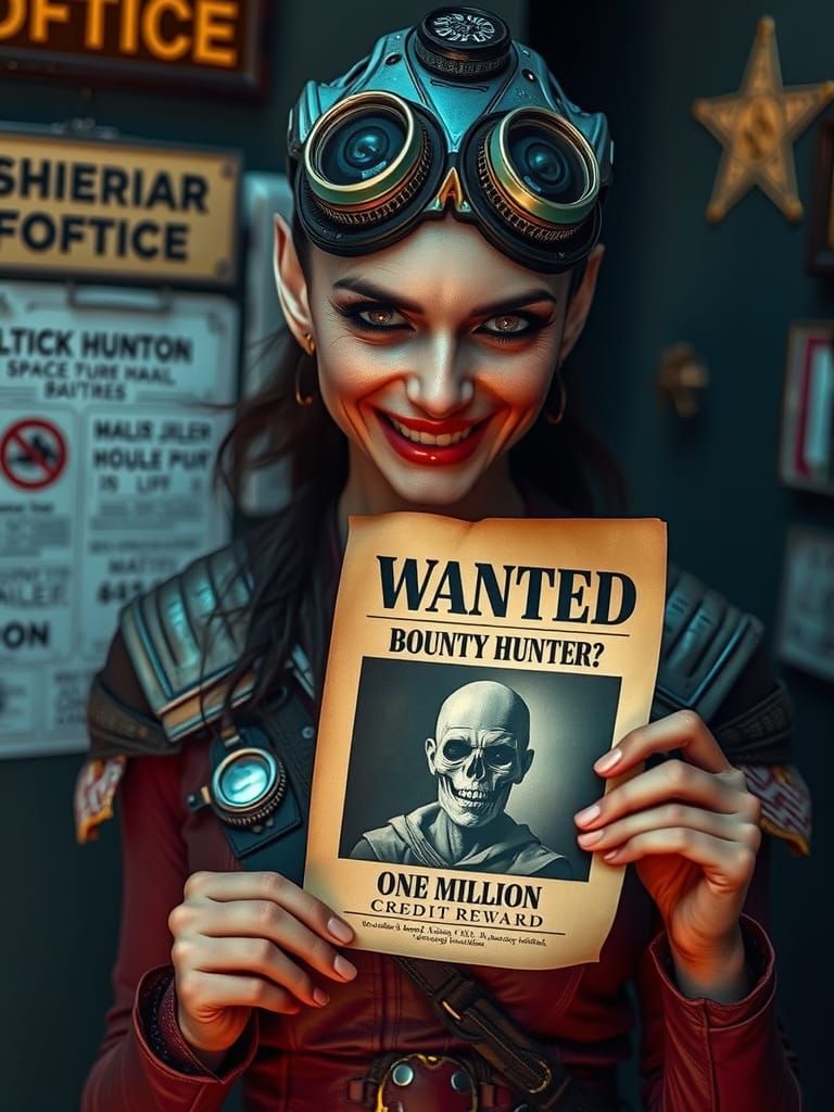 Alien Bounty Hunter Portrait with Wanted Poster