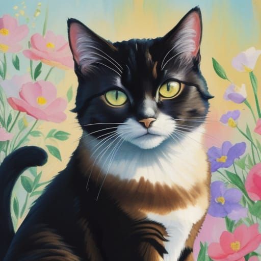 Gouache Painting of a Cat Among Flowers