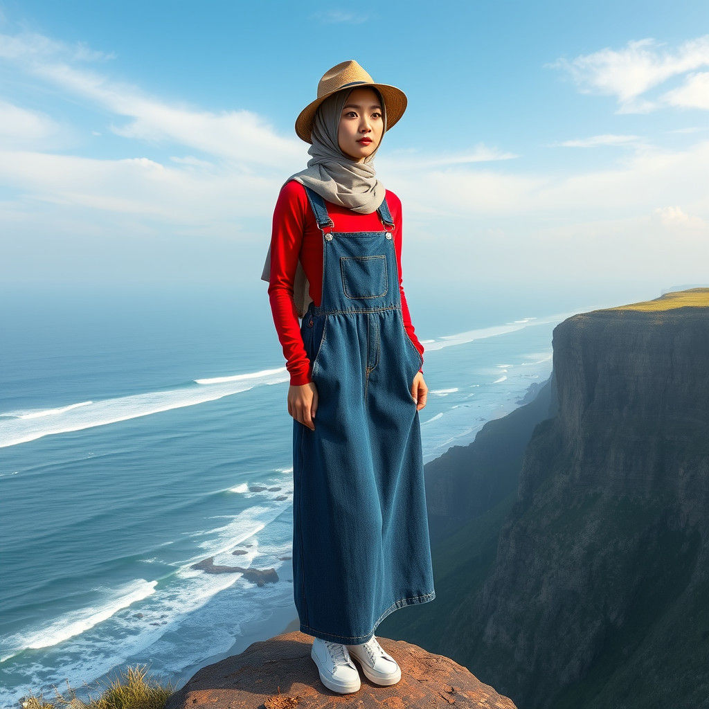 Korean Girl in Hijab Overlooking Seafront: Photorealistic Ma...