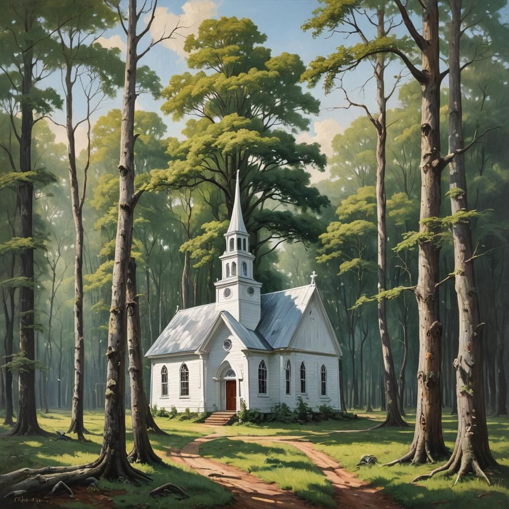 Idyllic Church in Woods: Luminous Landscape Painting
