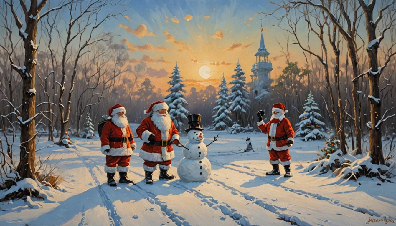Santa and Snowman Enjoy Florida Winter: Oil Painting