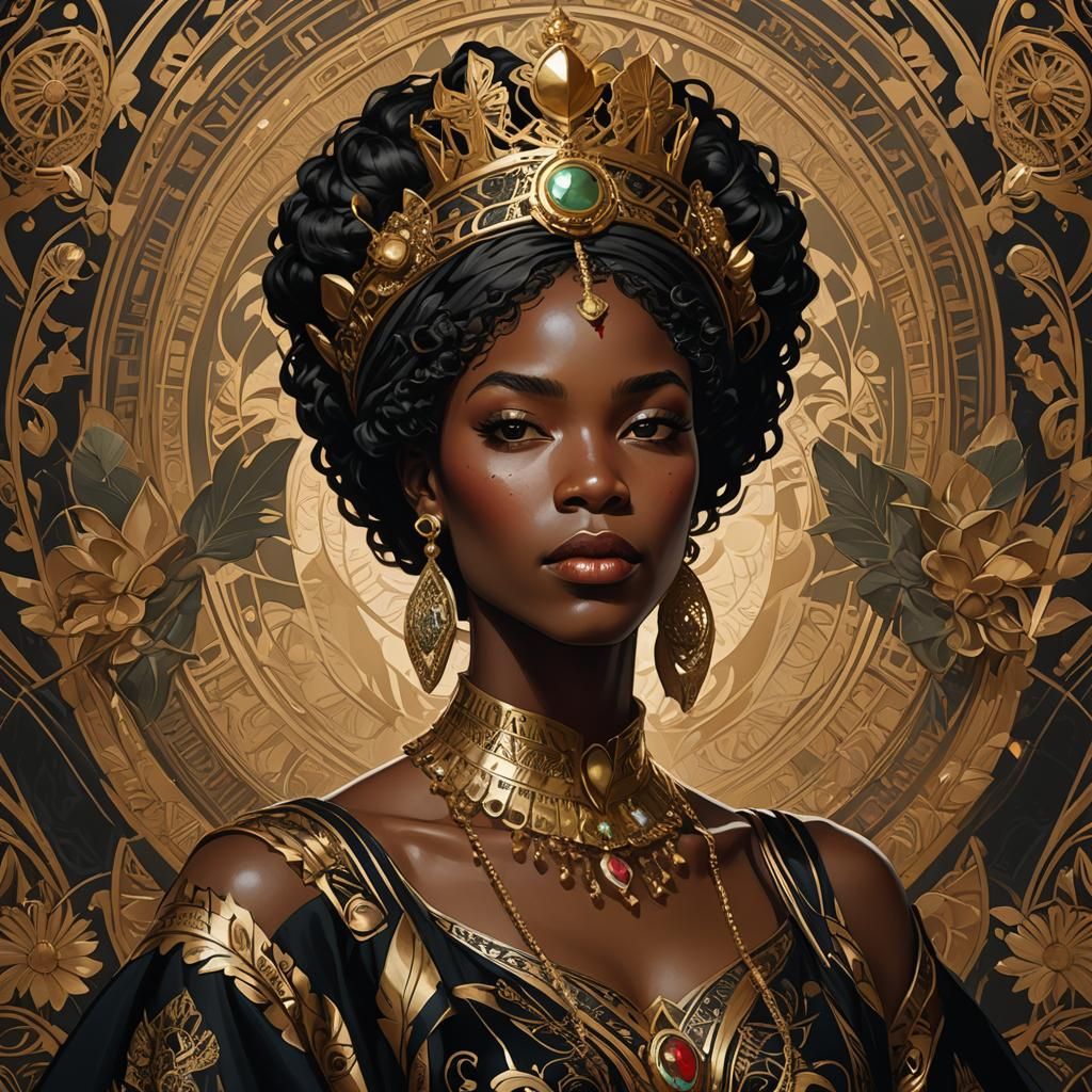 Regal Black Girl Portrait in Art Nouveau Style