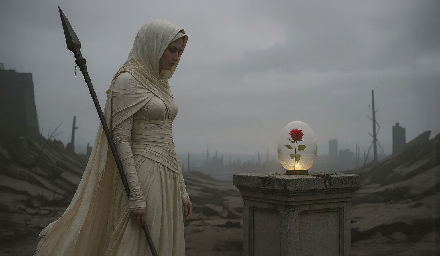 Apocalyptic Sentry Guarding a Rose in Pastel Colors
