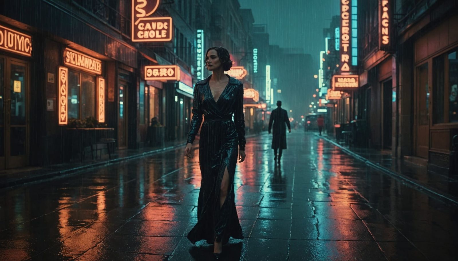 Art Deco Woman on Rainy City Street at Night