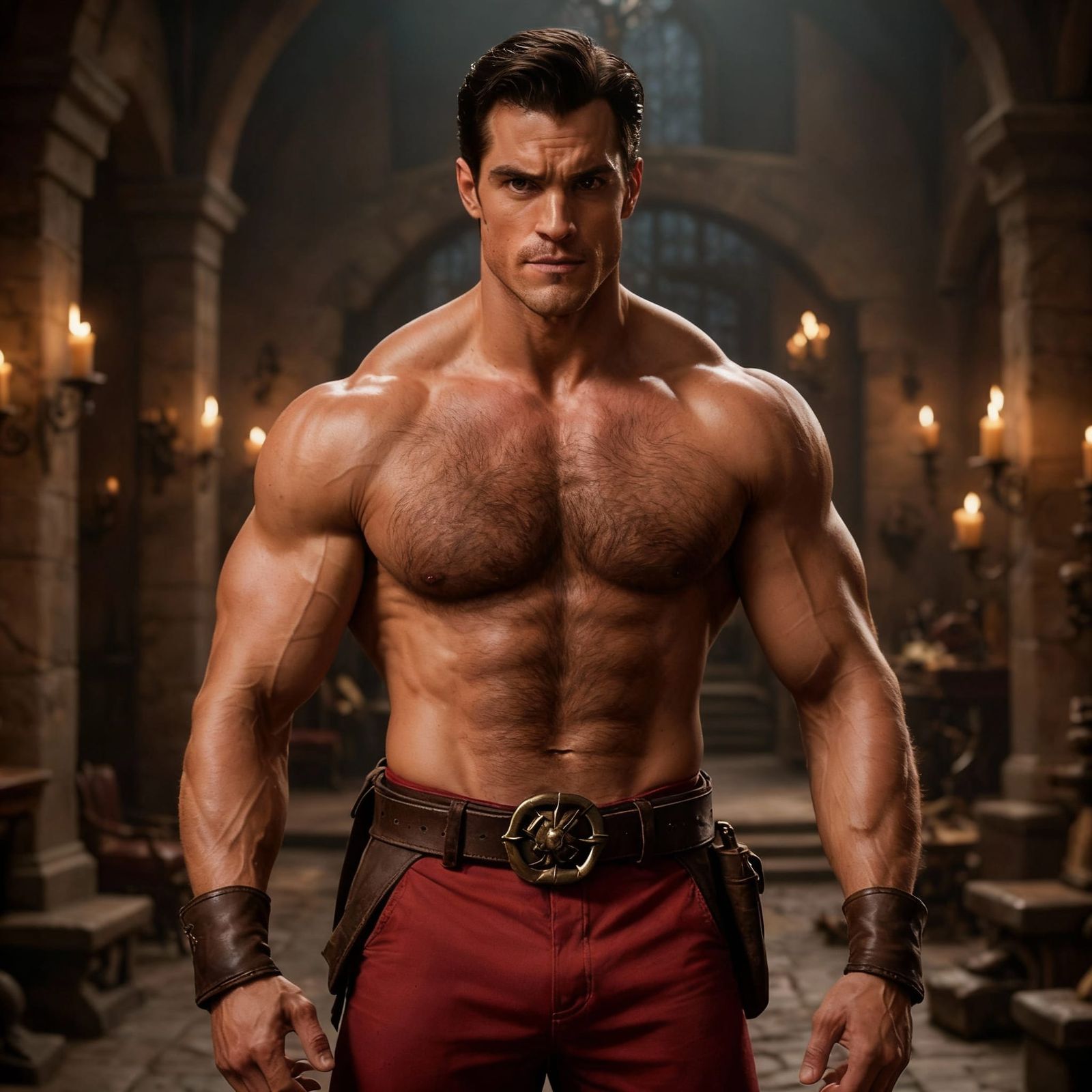 Gaston Flexing Biceps in Medieval Pub
