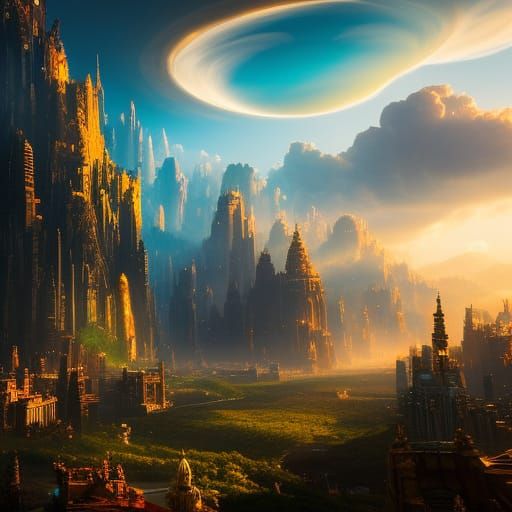 Floating Celestial City in Ethereal Clouds