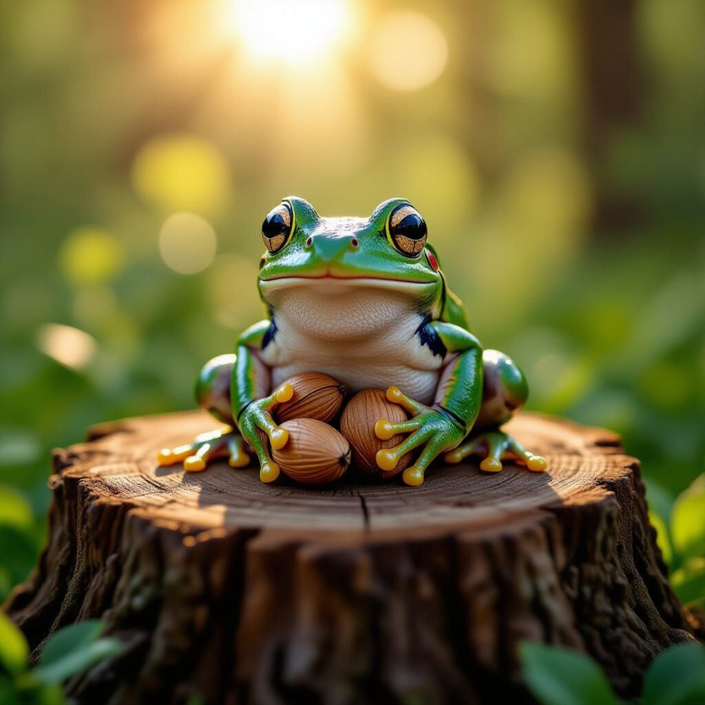 mischievous frog holdin' nuts