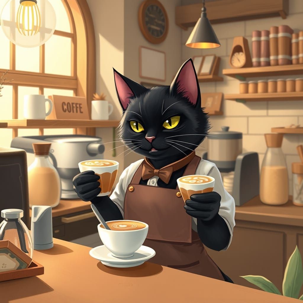 Black Cat Barista in Pastel Coffee Shop