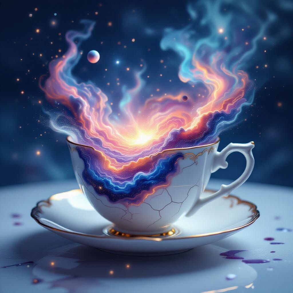 Cracked Teacup Spills Swirling Galaxy And Planets