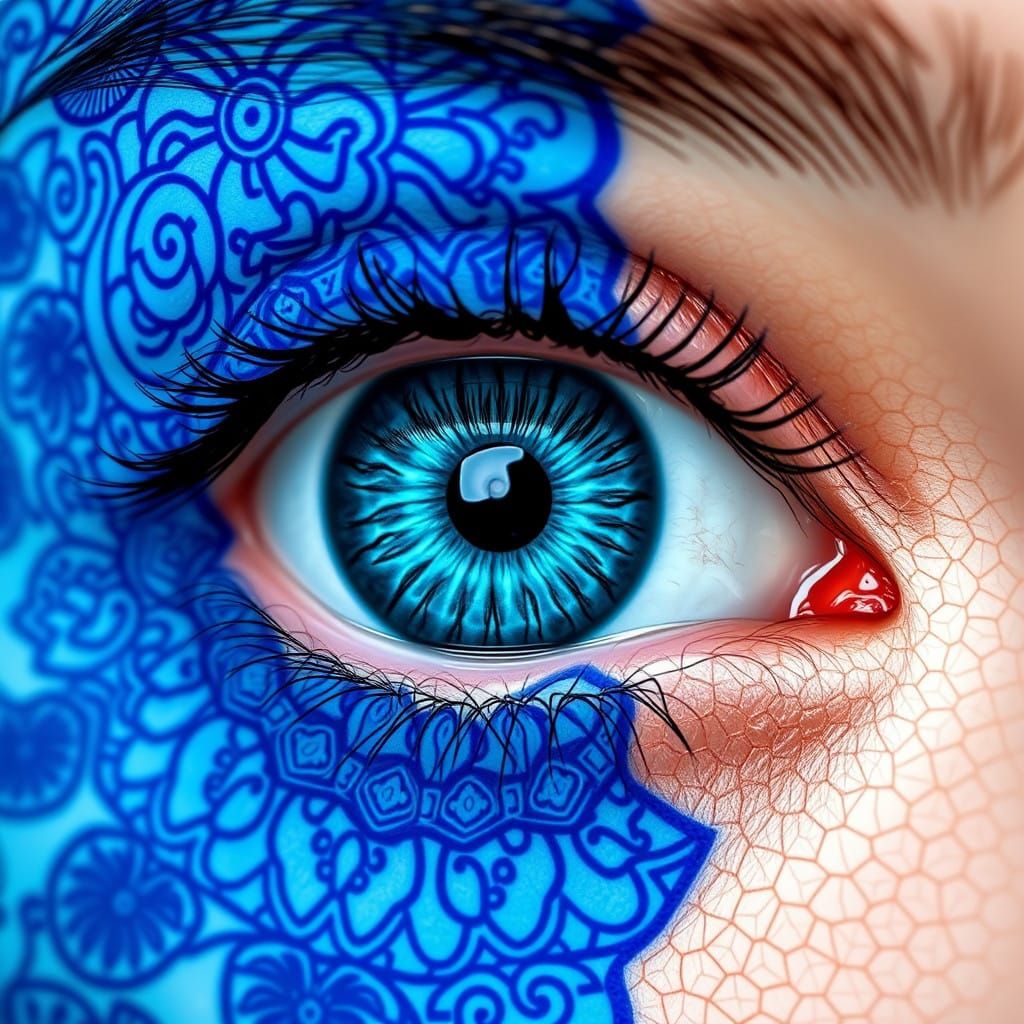 Eye Art in Vibrant Blue with Chinese Ceramic Patterns