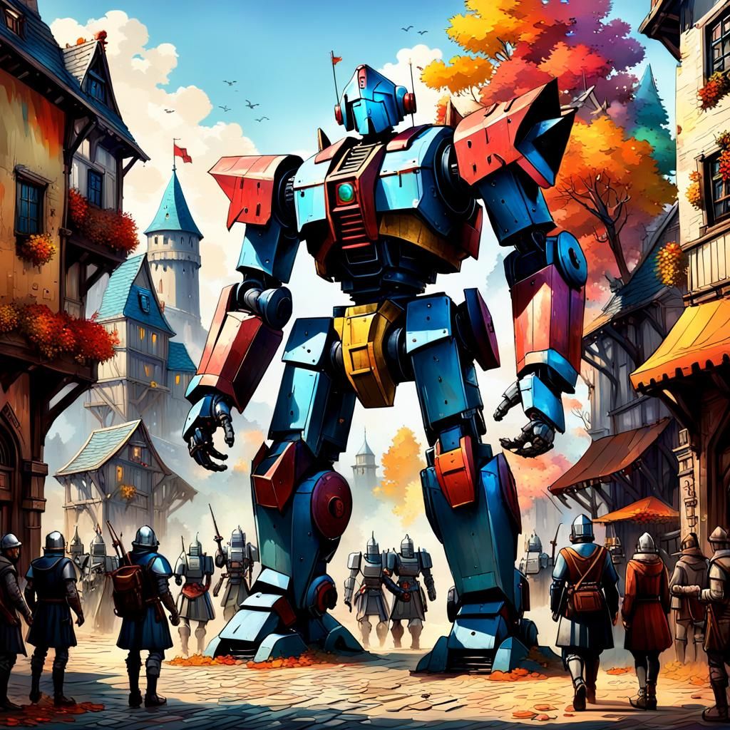 Colorful Giant Robot in Medieval Town, Conceptual Art