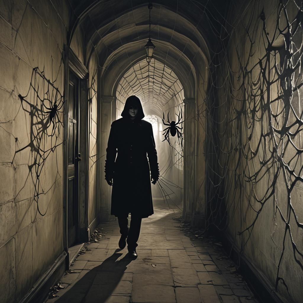 Mysterious Figure in Shadowy Hallway: Gothic Surrealism