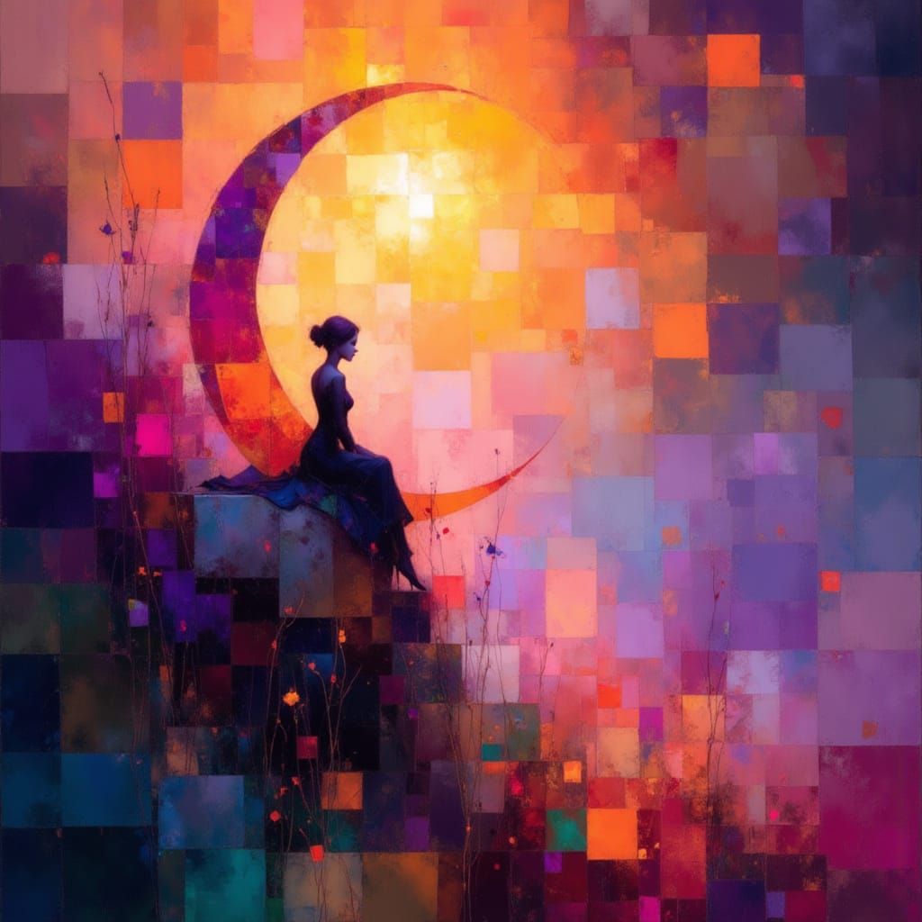 Fractal Haze with Fairy on Moon as Oil Painting